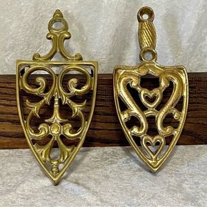 Vintage Brass Trivets (2)- 8 1/2" & 7 1/2" Triangular Shapes 3 Footed Scrollwork